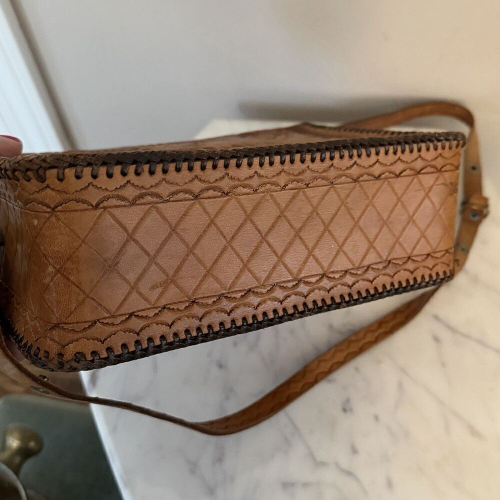 Vintage Hand Tooled Leather Handbag Brown Floral 9x6x3 - Picture 5 of 8